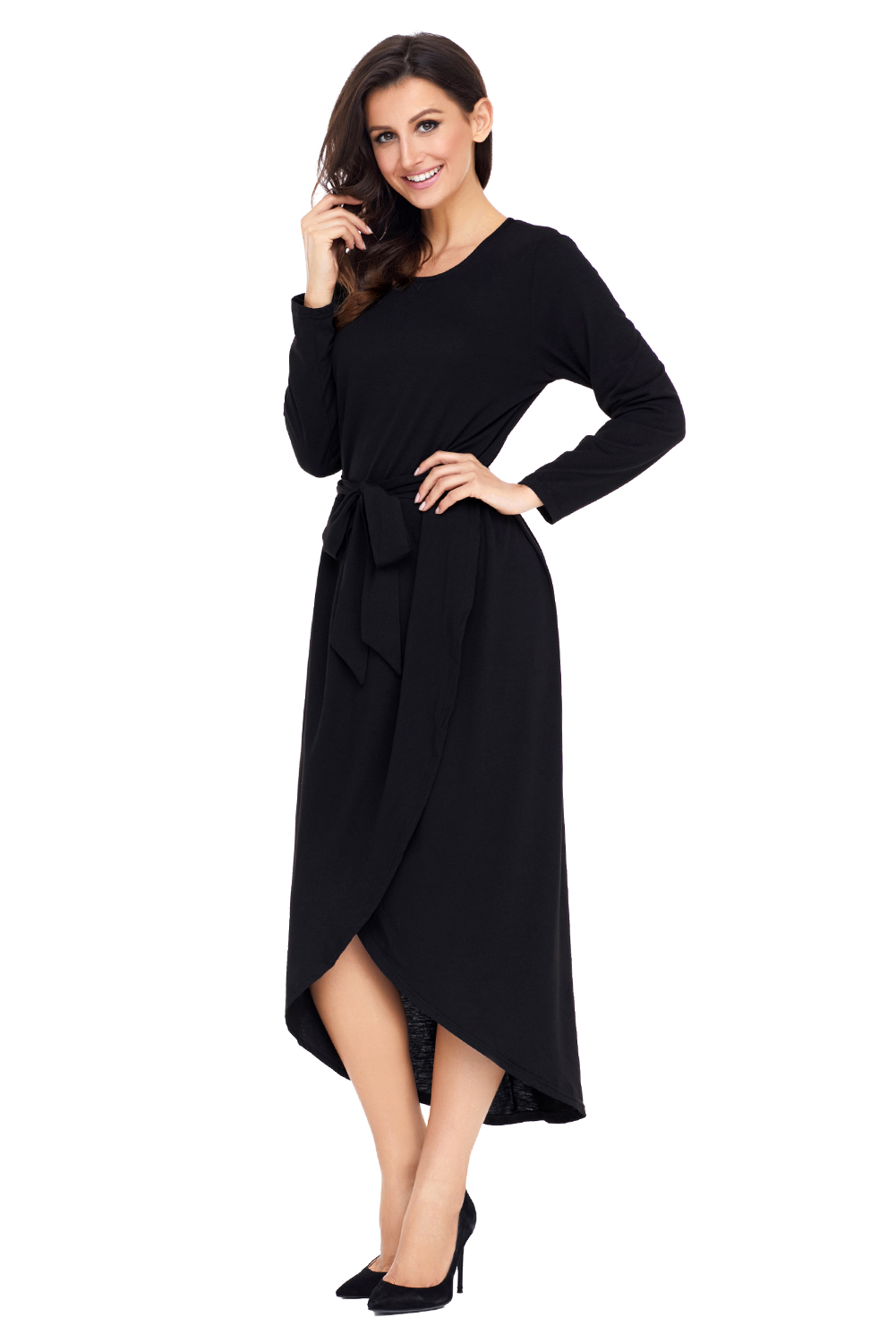 BY61818-2 Black Tulip Faux Wrap Sash Tie Jersey Dress